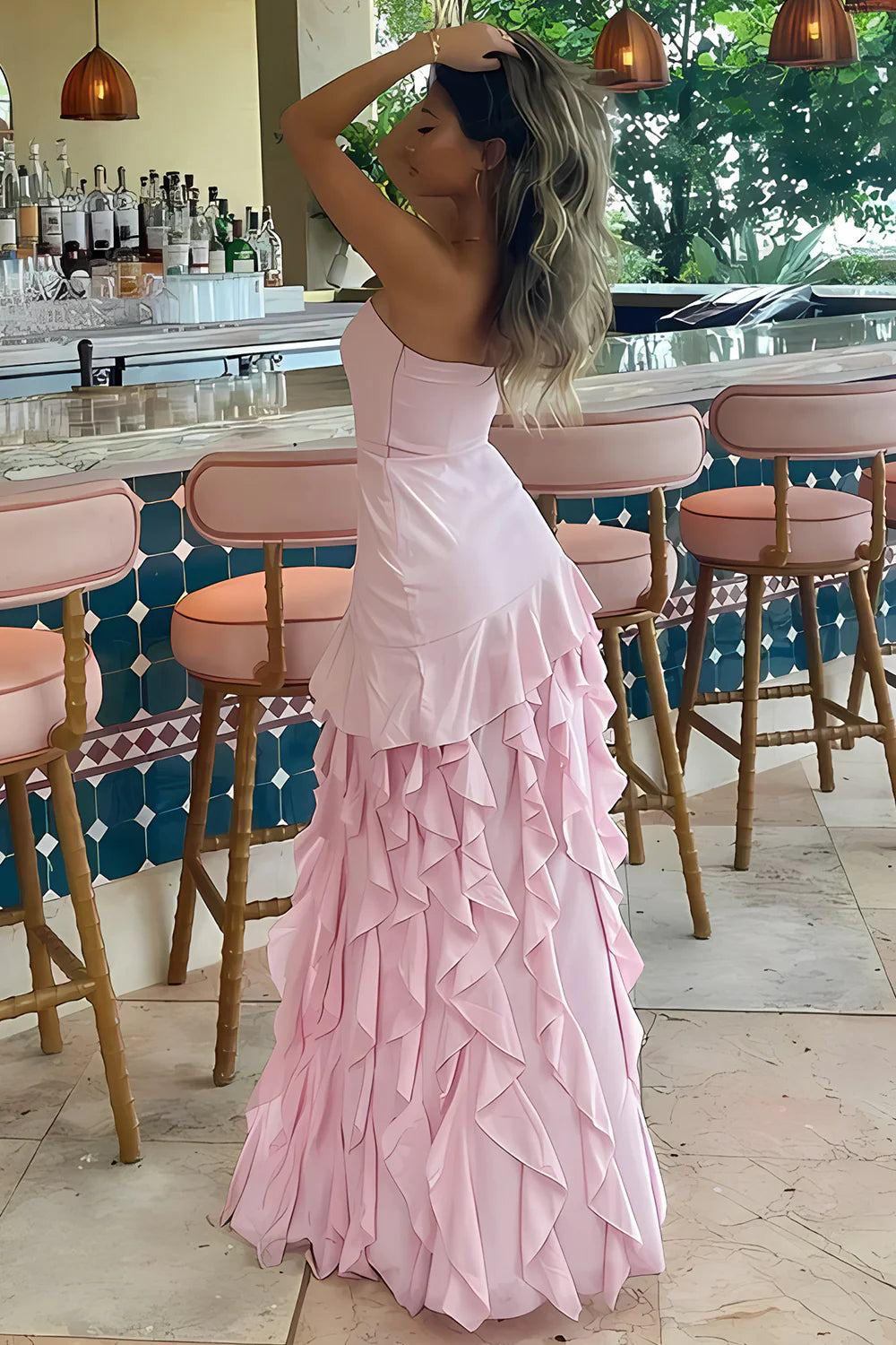Vestido Weitese, encantador vestido de fiesta largo rosa sin tirantes con volantes